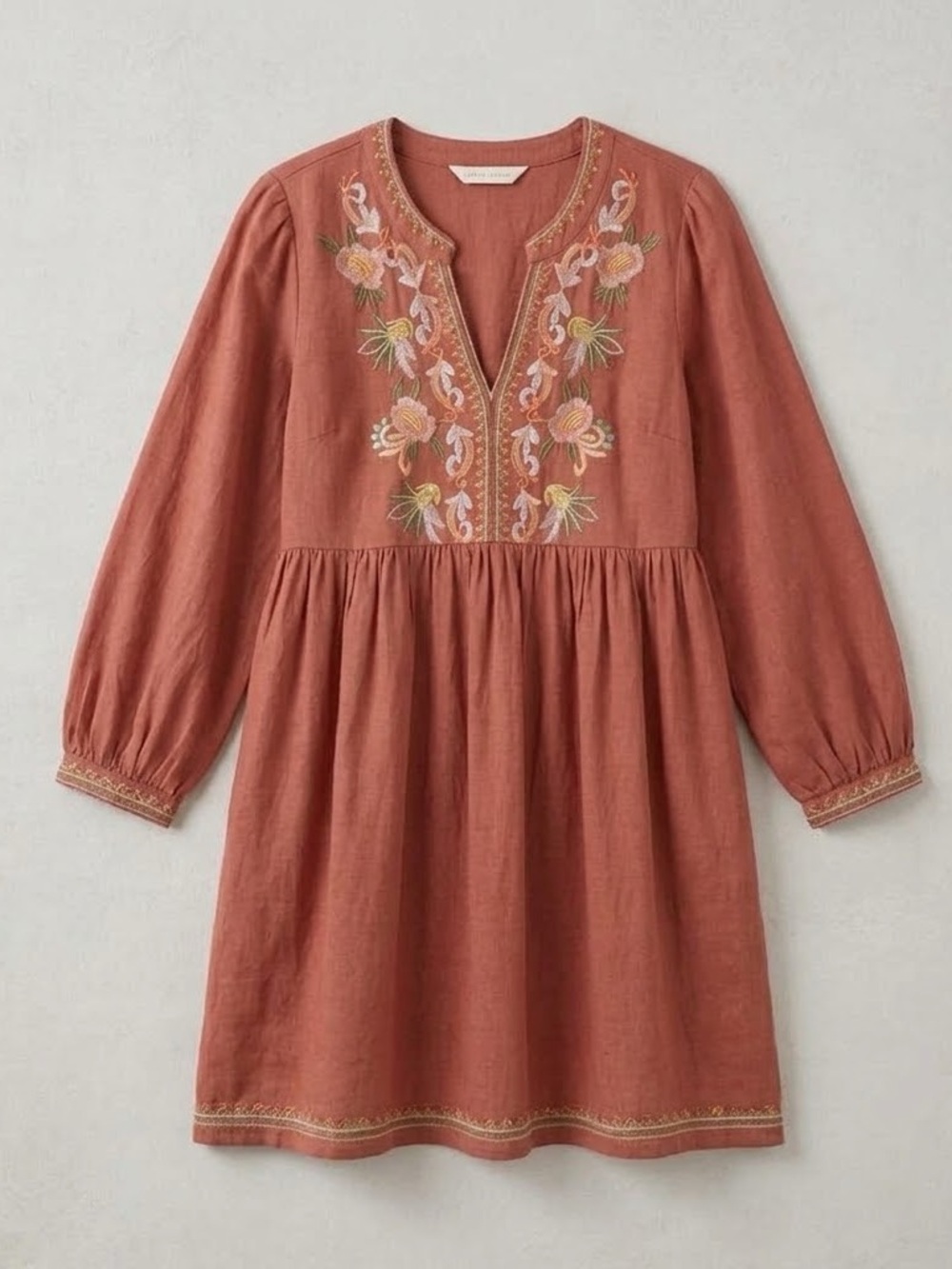 Boho Terracotta and Blossom Embroidered V-Neck Dress Size L